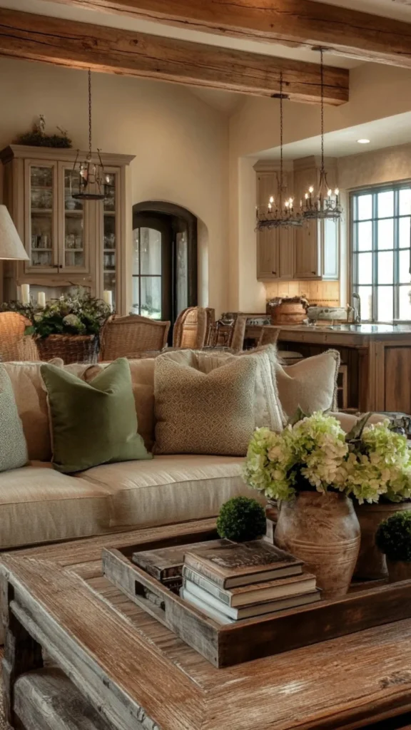 Rustic open-concept living room with a beige sofa, green throw pillows, a distressed wood coffee table, and wooden beams for farmhouse home decor ideas.
