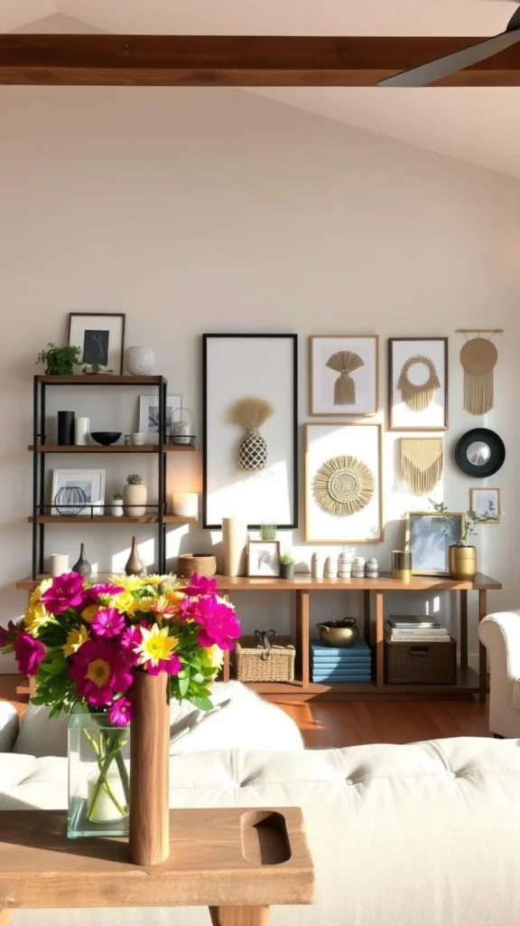 Boho-chic living room featuring black shelving, a wooden console table, and a gallery wall of woven baskets and art for creative home decor ideas