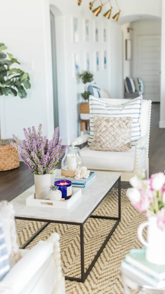 Bright living room featuring coastal-inspired summer home decor with blue and white striped pillows, a marble coffee table, and a vase of purple lavender.