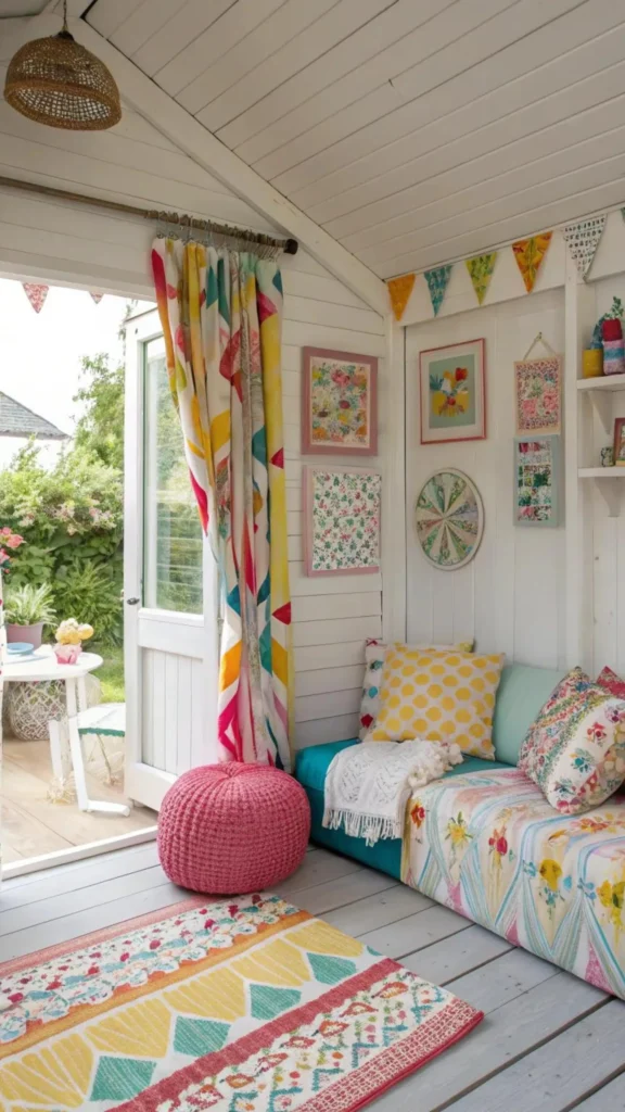 Vibrant and colorful summer home decor inside a sunroom with floral curtains, multi-patterned throw pillows, a teal sofa, and a bright pink pouf.