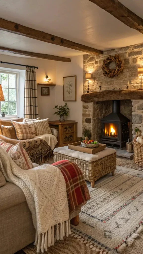 Cozy cottage living room with a stone fireplace, wood-burning stove, rustic ceiling beams, and textured blankets for inviting home decor ideas.