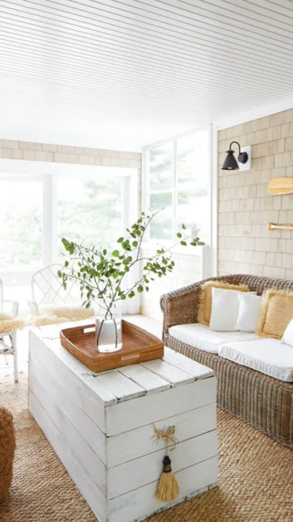 Lakeside summer home decor with a wicker sofa, a white-washed trunk coffee table, cedar shingle siding walls, and horizontal wall oars.