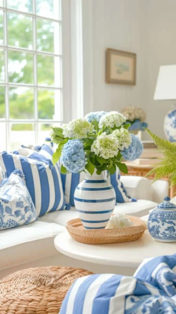 Classic nautical summer home decor featuring blue and white striped sofa cushions, hydrangeas in a striped ceramic vase, and ginger jars.