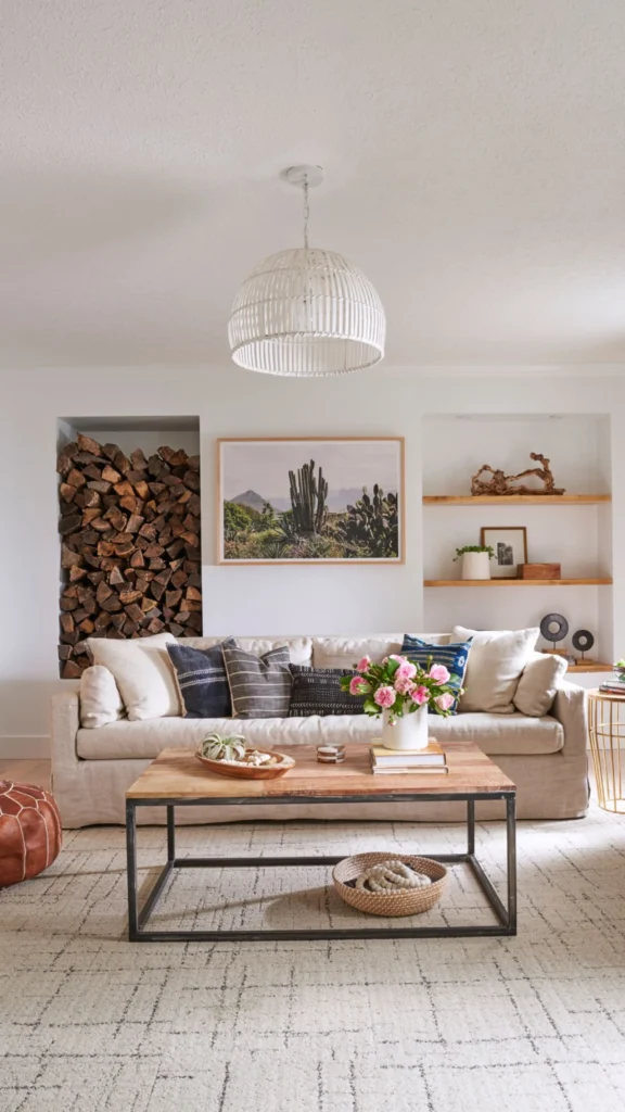 Bright modern living room with a large built-in firewood storage niche, neutral sofa, and a leather pouf for organic home decor ideas.
