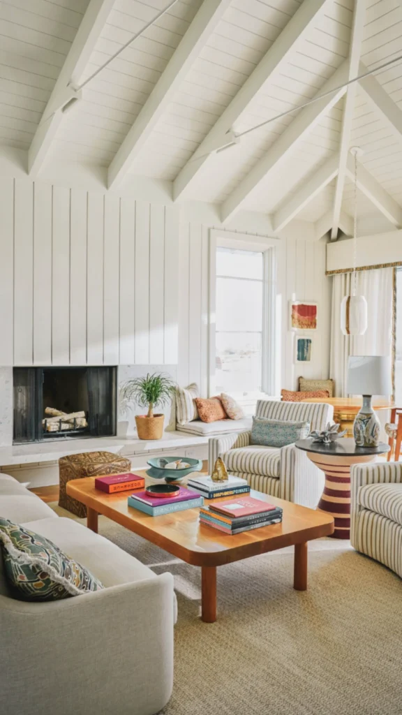 Contemporary living room with high vaulted ceilings, striped armchairs, and a large fireplace for expansive home decor ideas.
