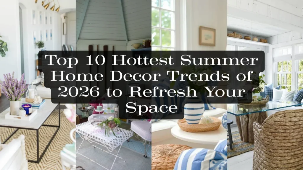 Article banner showcasing multiple modern interior design styles for summer home decor with a dark overlay text reading Top 10 Hottest Summer Home Decor Trends of 2026 to Refresh Your Space.