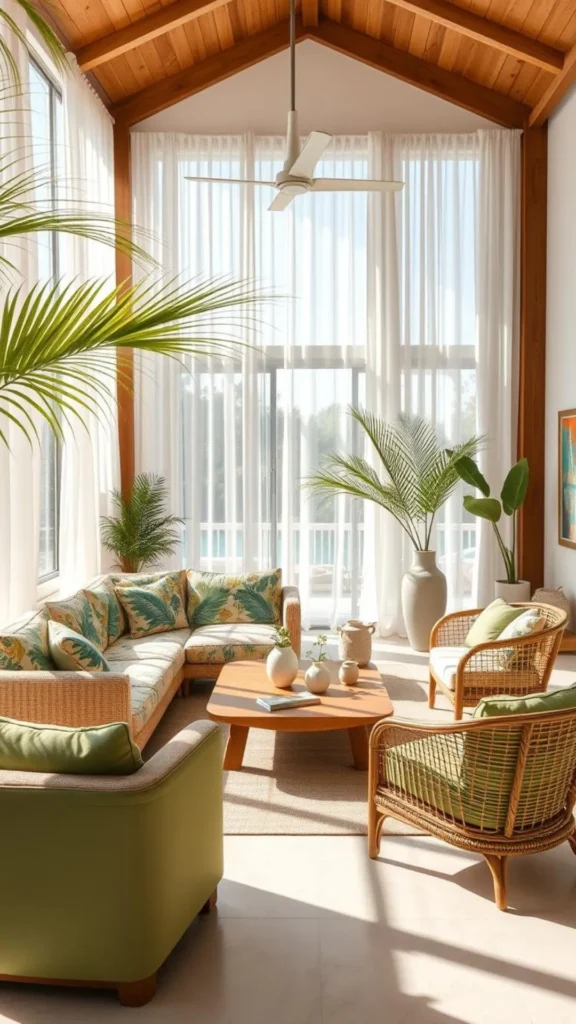 Tropical luxury summer home decor in a high-ceilinged sunroom with rattan furniture, palm trees, and floor-to-ceiling sheer white curtains.