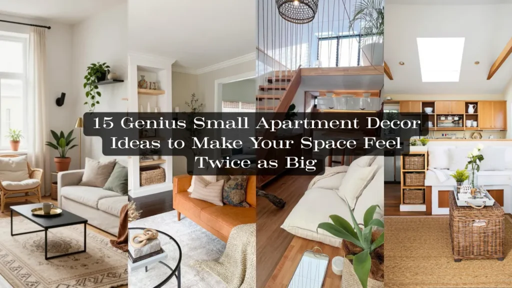 A collage of four bright small apartment interior designs featuring natural materials and space-saving layouts. Central text reads: "15 Genius Small Apartment Decor Ideas to Make Your Space Feel Twice as Big".