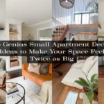 A collage of four bright small apartment interior designs featuring natural materials and space-saving layouts. Central text reads: "15 Genius Small Apartment Decor Ideas to Make Your Space Feel Twice as Big".
