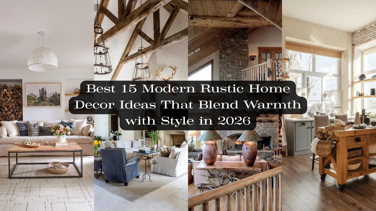 A collage of four modern rustic home interiors with a central dark banner reading "Best 15 Modern Rustic Home Decor Ideas That Blend Warmth with Style in 2026". The panels show a cozy white living room with stacked firewood, a grand room with high ceilings and exposed wooden beams, a cabin-style space with a massive stone fireplace, and a warm kitchen featuring a mobile rustic wood island cart next to grey cabinets.