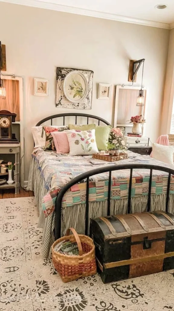Cozy farmhouse bedroom with vintage home decor featuring a black metal bed, a colorful patchwork quilt, and a rustic antique chest.