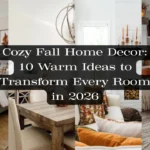 A four-panel collage featuring warm fall home decor ideas for every room. Shows a bedroom with terracotta plaid bedding and framed leaf art, a rustic wooden dining setup, a fireplace mantle styled with tall orange candles, and a cozy living room couch filled with orange velvet pillows and a chunky knit pouf. Overlay text reads "Cozy Fall Home Decor: 10 Warm Ideas to Transform Every Room in 2026".