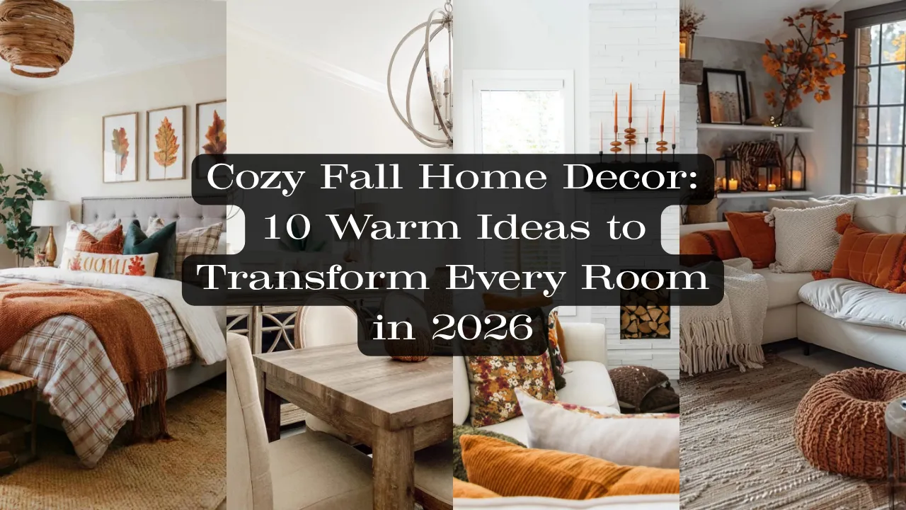A four-panel collage featuring warm fall home decor ideas for every room. Shows a bedroom with terracotta plaid bedding and framed leaf art, a rustic wooden dining setup, a fireplace mantle styled with tall orange candles, and a cozy living room couch filled with orange velvet pillows and a chunky knit pouf. Overlay text reads "Cozy Fall Home Decor: 10 Warm Ideas to Transform Every Room in 2026".
