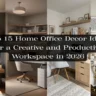 A four-panel collage showcasing home office decor ideas for productive workspaces. Features a wooden desk against a dark grey gallery wall, a modern corner desk with floating shelves, a cozy workspace with a patterned rug, and a light wood desk setup where a woman hangs framed wall art. Overlay text reads "Top 15 Home Office Decor Ideas for a Creative and Productive Workspace in 2026".