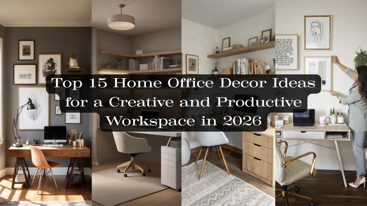 A four-panel collage showcasing home office decor ideas for productive workspaces. Features a wooden desk against a dark grey gallery wall, a modern corner desk with floating shelves, a cozy workspace with a patterned rug, and a light wood desk setup where a woman hangs framed wall art. Overlay text reads "Top 15 Home Office Decor Ideas for a Creative and Productive Workspace in 2026".