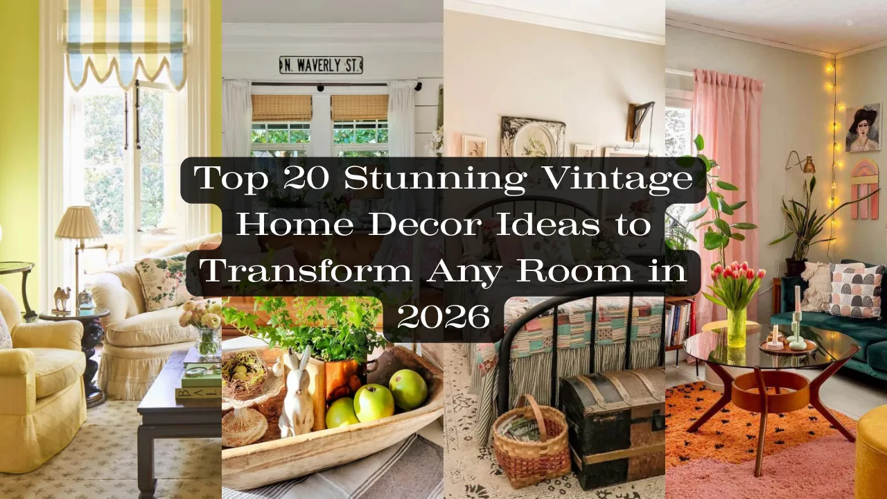 A collage of four vintage home decor ideas with a central dark grey banner reading "Top 20 Stunning Vintage Home Decor Ideas to Transform Any Room in 2026". The left panel shows a cozy pastel yellow living room. The second displays a wooden dough bowl centerpiece with green apples. The third shows a rustic bedroom with an iron bed, colorful quilt, and vintage trunk. The right features a retro colorful living room with pink curtains and a round glass coffee table.