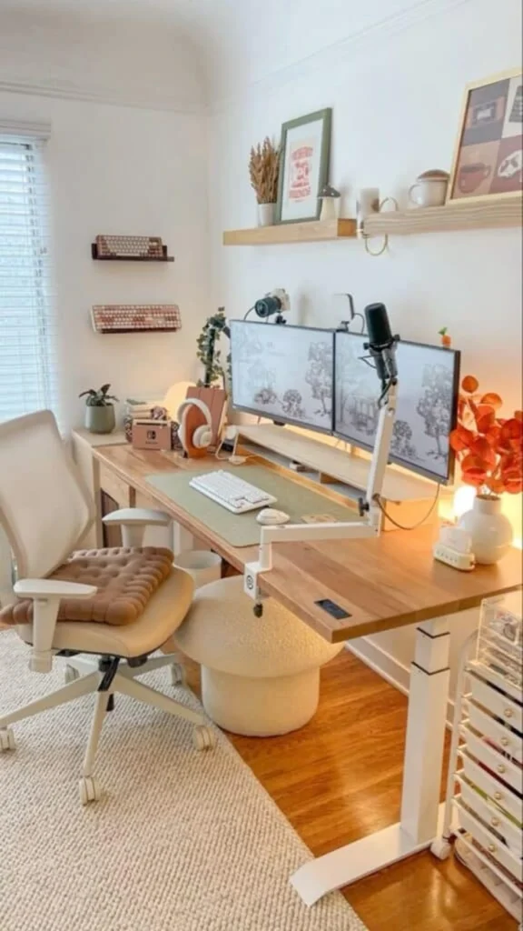 Aesthetic desk setup showing home office decor ideas with dual monitors, floating shelves, keyboard wall display, white boom arm mic, and warm ambient lamps