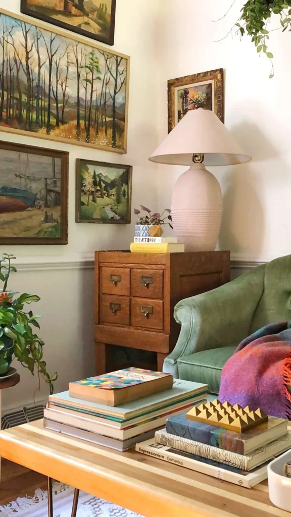 Art filled cozy corner with vintage home decor featuring a green velvet tufted sofa, a collection of gold-framed landscape paintings, and a pink ceramic lamp.