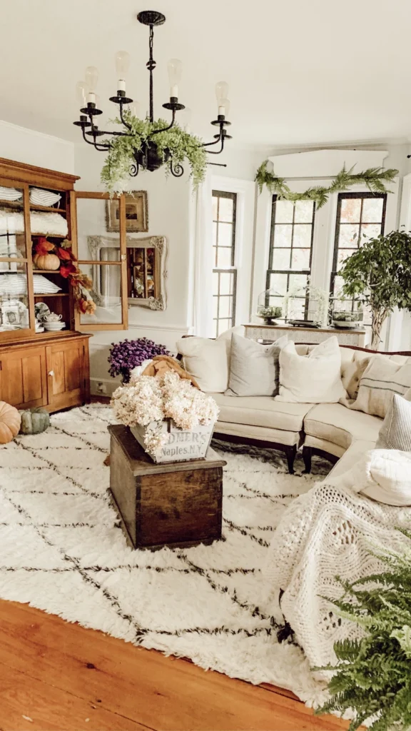 Bright cottage living room with vintage home decor featuring a white sofa, a rustic wooden chest, and a tall antique display cabinet.