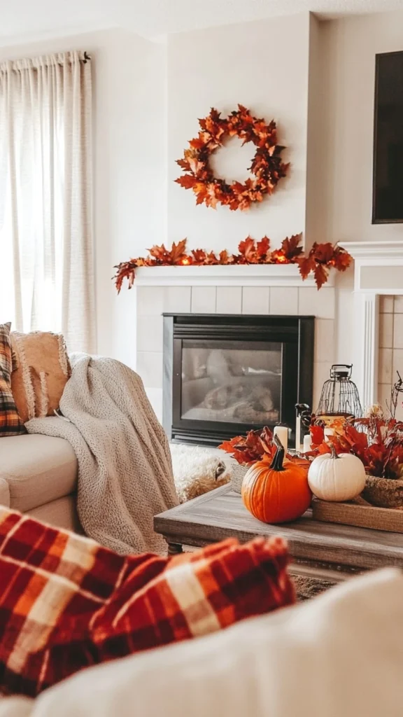 Living room showcasing fall home decor ideas with an autumn leaf wreath on the fireplace mantel, real pumpkins on the coffee table, and plaid throw pillows.