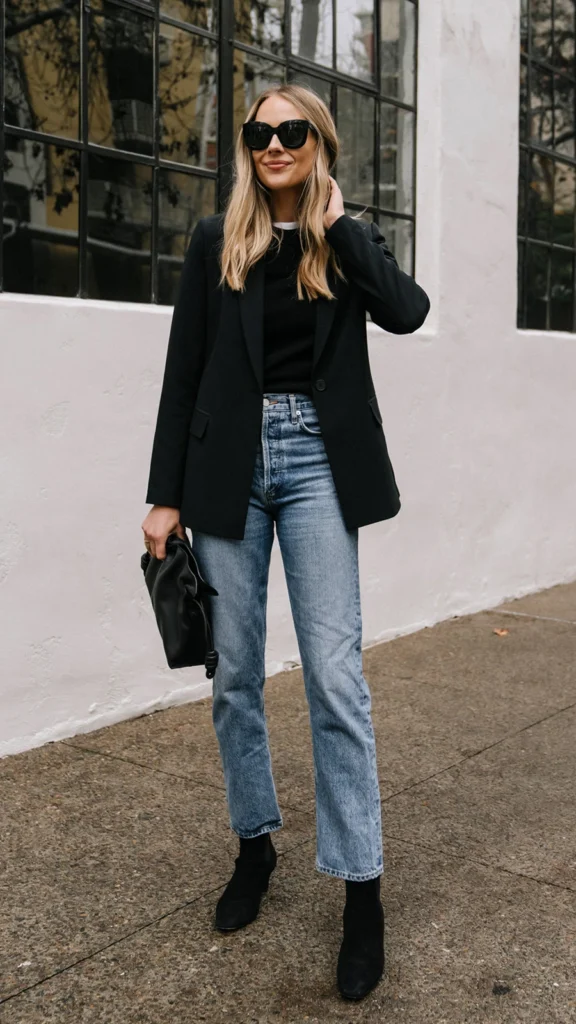 Woman wearing a black single-breasted blazer over a black top, light-wash straight jeans, black ankle boots, and sunglasses.