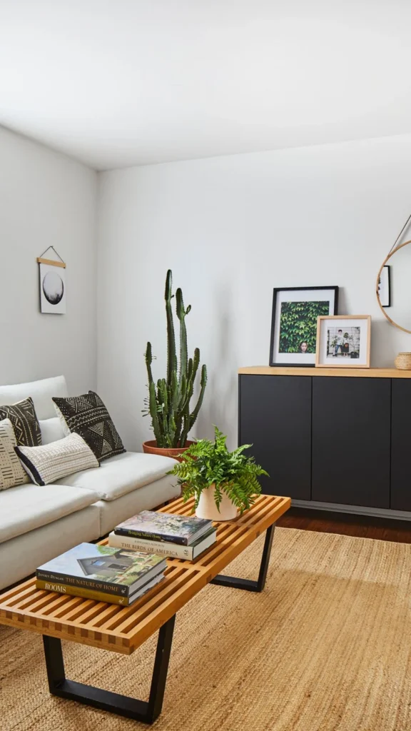 Minimalist boho small apartment decor with a wooden slat bench coffee table, white sofa, large potted cactus, and a round hanging wall mirror.