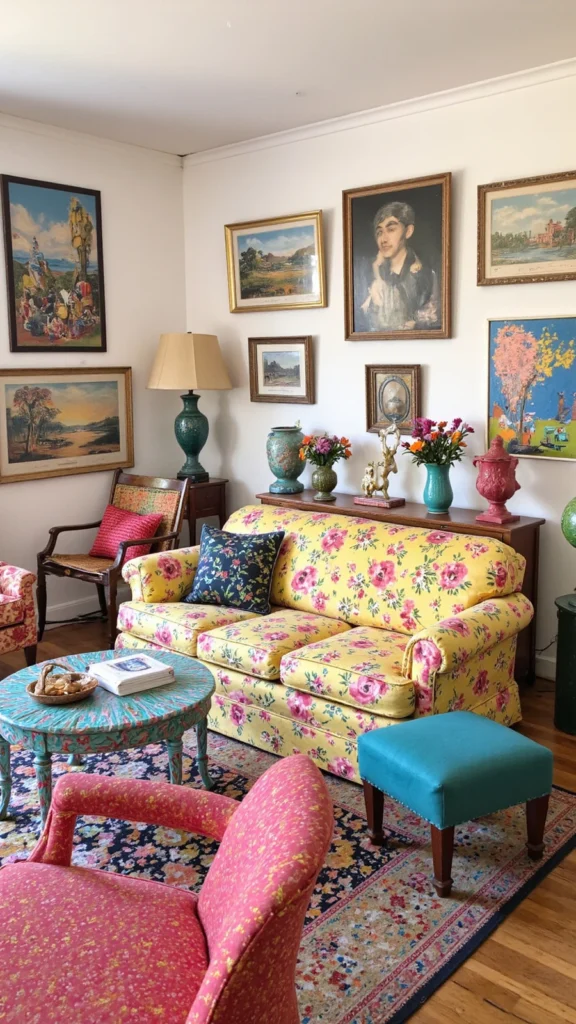 Whimsical and colorful living room filled with vintage home decor, featuring a yellow floral sofa, a turquoise coffee table, and a large gallery wall of vintage paintings.