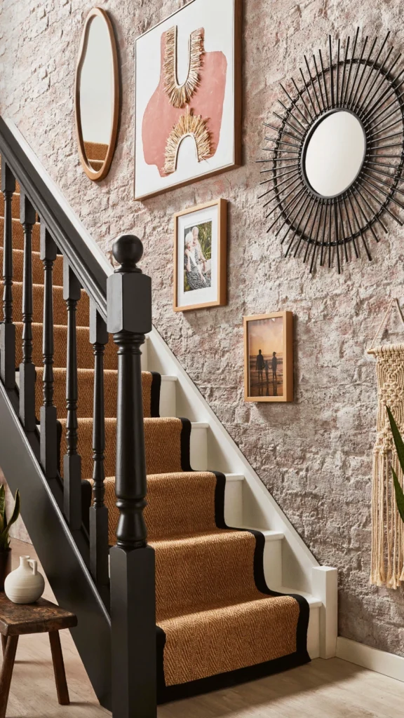 Modern industrial hallway featuring wall decor ideas with an exposed brick wall, a black wire sunburst mirror, woven macrame, and art frames.