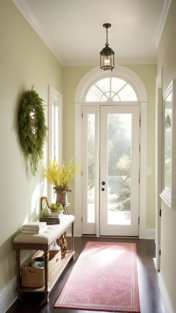 Bright and welcoming hallway with an arched glass front door, a soft pink runner rug, a white cushioned bench, and fresh yellow florals.