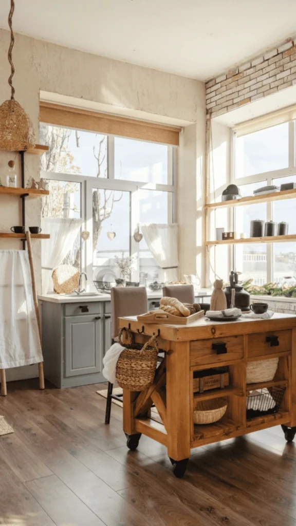Sunlit kitchen styled with rustic home decor featuring light oak cabinets, a rolling wooden island cart, and high open shelves against a white shiplap wall.