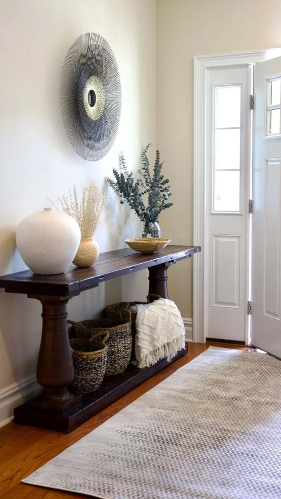 Bright transitional style entryway decor with a dark wood console table, a large circular wire sunburst wall art, woven baskets, and an open white front door.