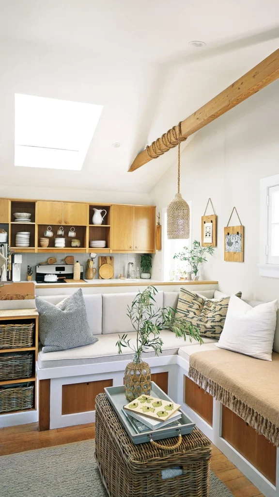 Rustic cottage small apartment decor with a white sectional storage bench, patterned pillows, a wicker trunk table, and exposed ceiling beams.