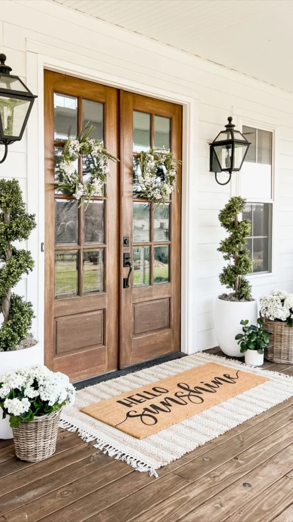 Beautiful summer front porch home decor with double wooden glass doors, a "Hello Sunshine" coir mat, white flower baskets, and spiral topiary trees.