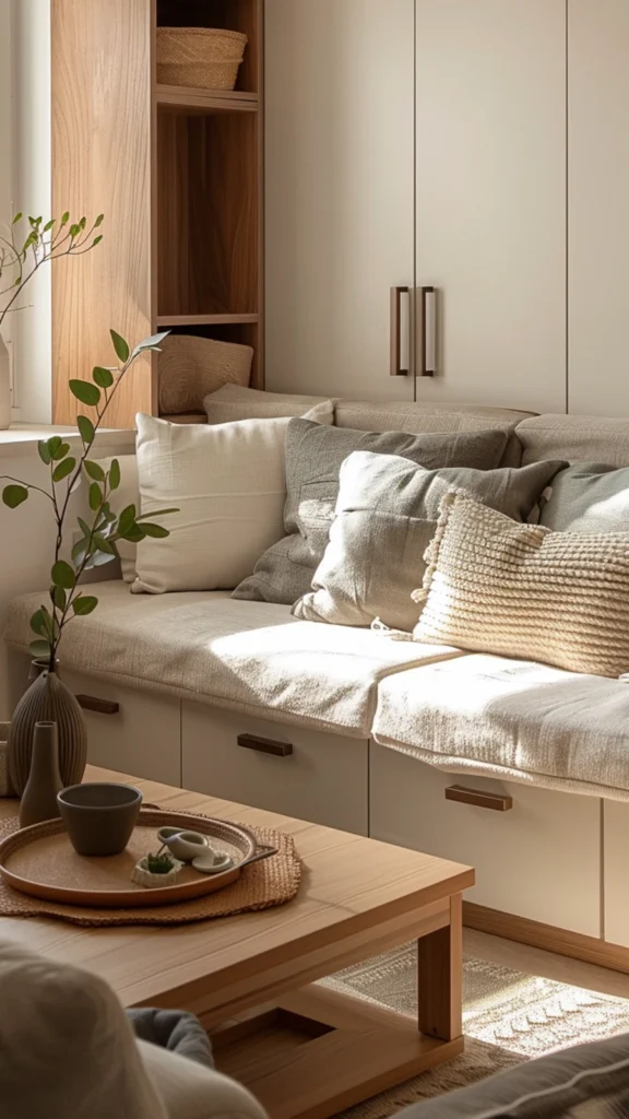 Built-in bench seating with storage drawers showing small apartment decor decorated with sage green pillows and a wooden coffee table.