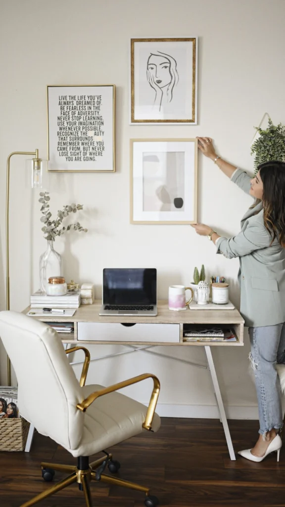 Bright feminine home office featuring home office decor ideas with a wooden desk, white leather desk chair with gold legs, and a gallery wall of line art prints.