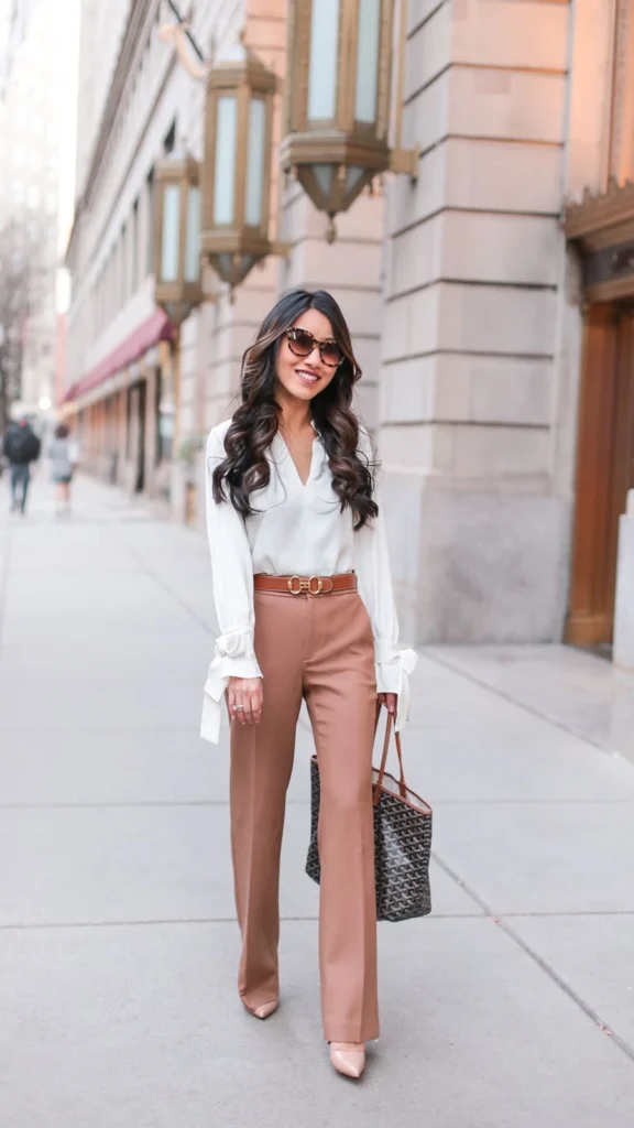 Elegant woman in a white V-neck blouse, camel wide-leg trousers, nude pumps, and sunglasses walking on a city street.