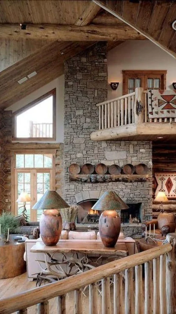 Log cabin living room showcasing rustic home decor with a floor-to-ceiling stone fireplace, a log banister balcony, and warm wooden furniture.