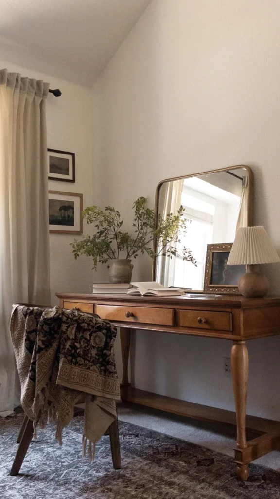 Classical study nook displaying vintage home decor with a wooden writing desk, a gold-framed mirror, and a cozy throw blanket over a wooden chair.
