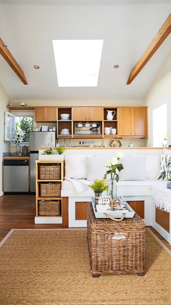 Coastal cottage small apartment decor featuring built-in corner bench seating, a woven wicker trunk coffee table, and a bright skylight.