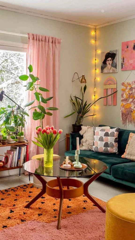 Colorful eclectic living room featuring vintage home decor with a dark green velvet sofa, a bright orange patterned rug, and warm string lights.