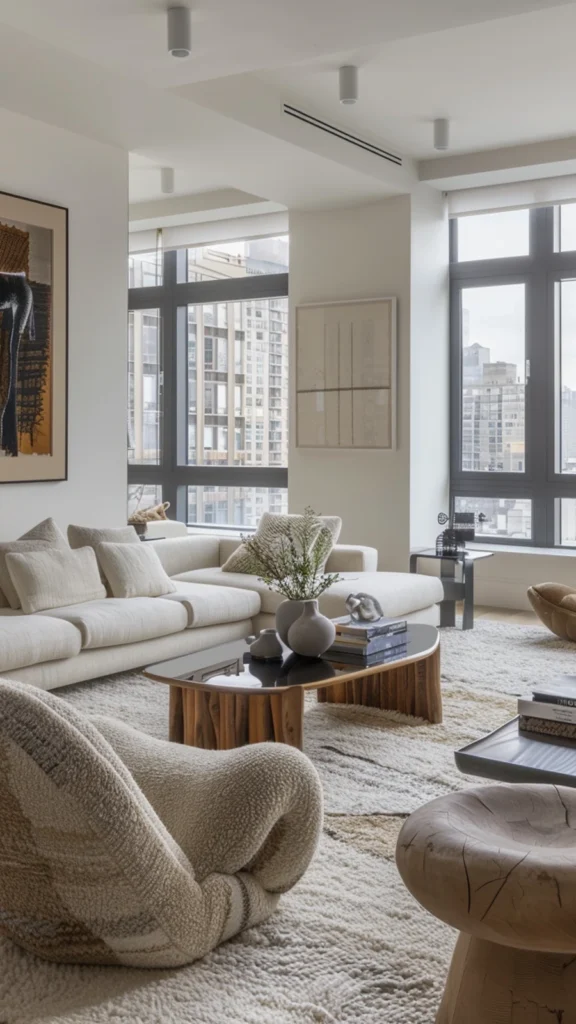 Modern luxury small apartment decor with a white sectional sofa, textured bouclé accent chairs, and large city view windows.