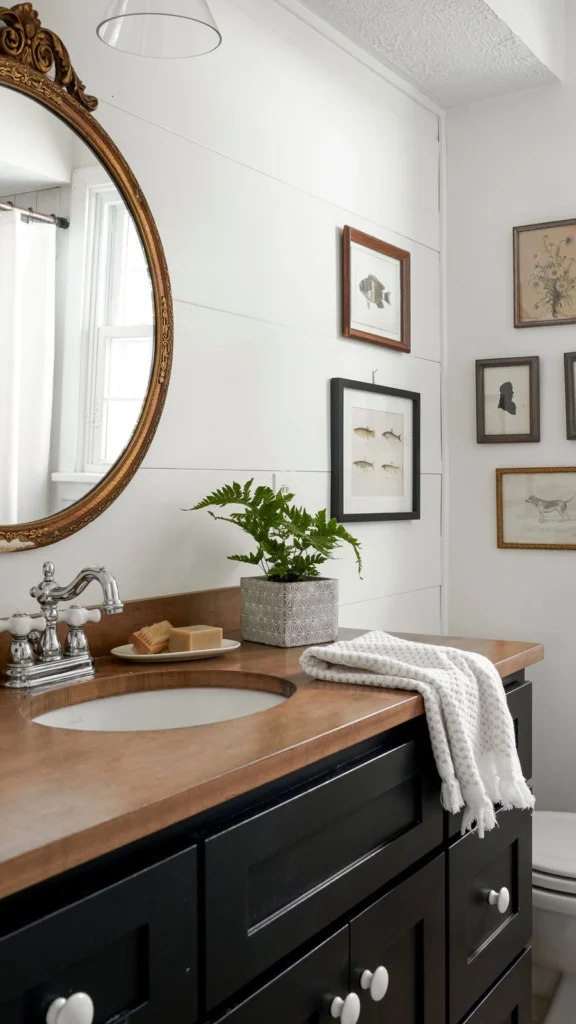 Rustic bathroom with wall decor ideas featuring a round ornate gold mirror, framed fish illustrations, and silhouette art on white shiplap