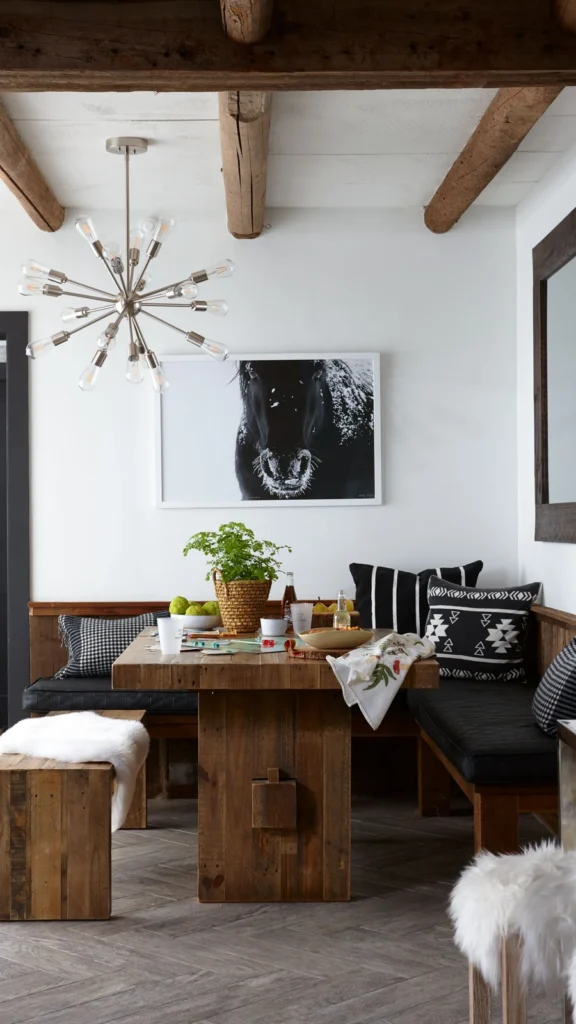 Small cabin dining area featuring rustic home decor with a wooden banquette, black and white geometric pillows, and a starburst chandelier.