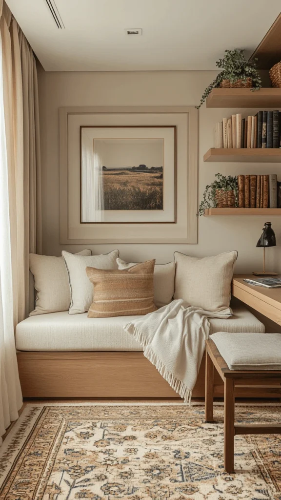 Cozy corner daybed design with small apartment decor featuring floating bookshelves, neutral throw pillows, and a framed landscape picture.