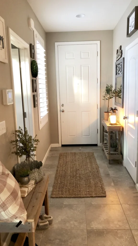 Warm and cozy farmhouse style entryway decor featuring a wooden bench with a plaid pillow, a long jute runner rug, and a rustic console table with a glowing lantern.