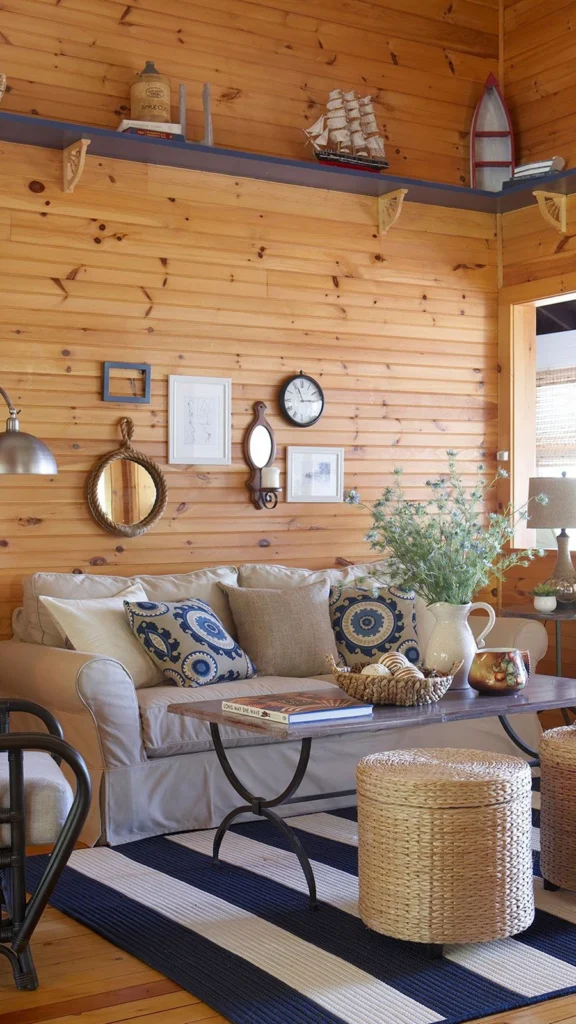 Pine-paneled cabin living room with rustic home decor featuring a beige sofa, blue and white patterned pillows, wicker pouf stools, and a striped rug.