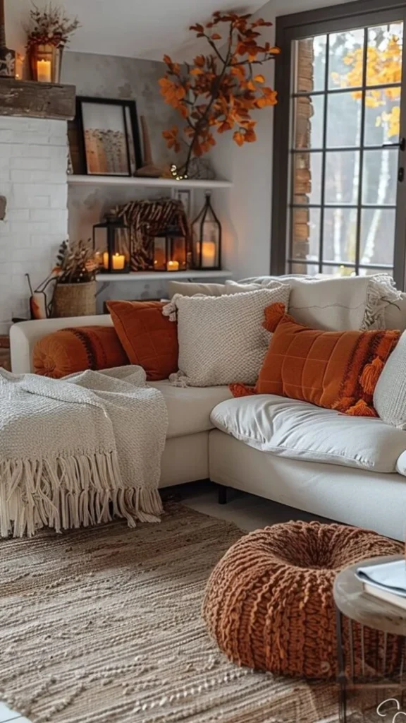 Autumn living room corner featuring fall home decor ideas with a plush white sectional sofa, burnt orange tasseled pillows, knit throw blankets, and a chunky knit floor pouf.