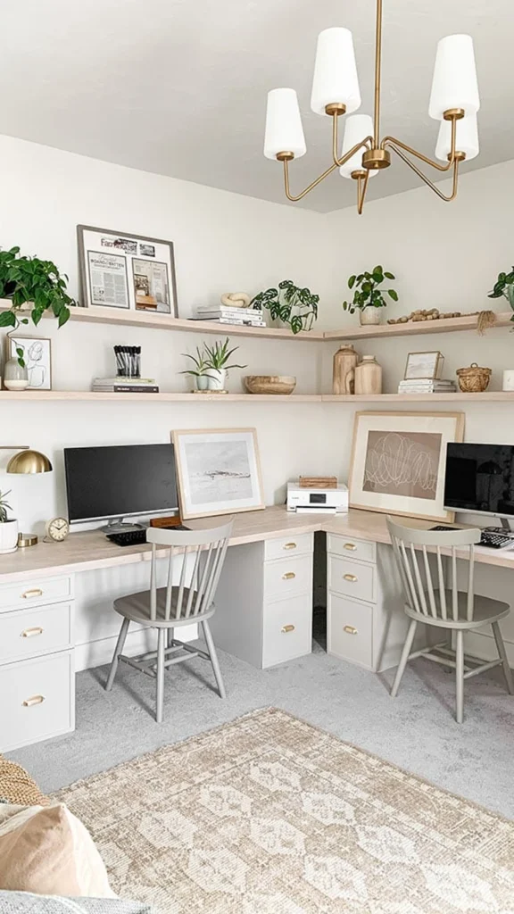 Spacious shared home office showcasing home office decor ideas with a white L-shaped double desk, brass lamps, grey spindle chairs, and plant-filled corner shelves.