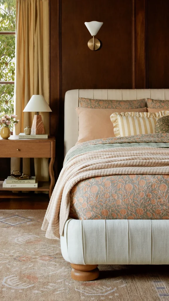 Cozy bedroom featuring rustic home decor with warm wood-paneled walls, floral pattern bedding, and a simple wooden bedside table.