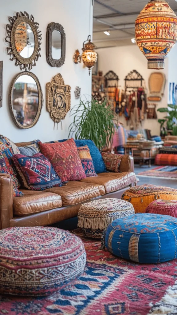 Eclectic bohemian living room displaying vintage home decor with a leather couch, mismatched patterned throw pillows, hanging Turkish lanterns, and colorful floor poufs.